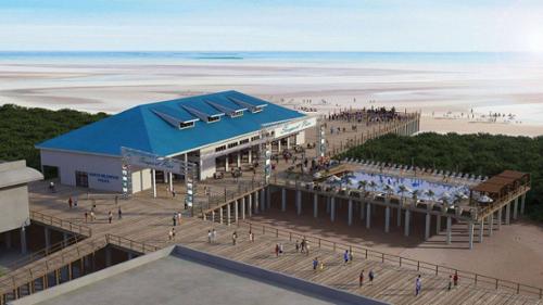 An artist's rendering of the Seaport Pier Redevelopment Project. Engineering of the swimming pool and the pier extension by Alta Design. This project was constructed in North Wildwood, New Jersey, in 2018. 